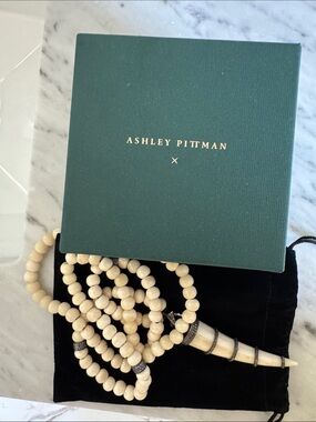 Cream Beaded Horn Pendant Necklace with Tiny Black Diamonds